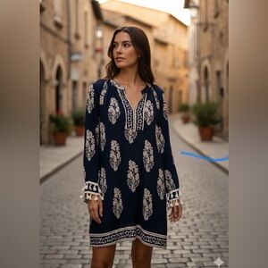 Navy and Cream Long Sleeve Dress